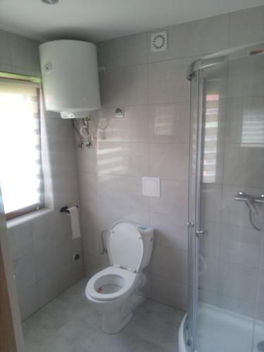 a bathroom with a toilet and a shower at Domki Bieszczady Całoroczne in Olszanica