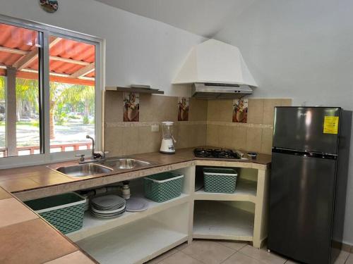 eine Küche mit einer Spüle und einem Kühlschrank in der Unterkunft Casa Villa Grand palapa frente al mar in El Cristo