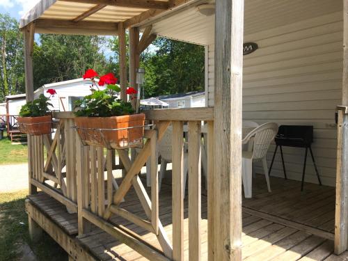 a wooden deck with two potted plants on it at Mobil Home 5pers proche EUROPA PARK dans Camping 3étoiles in Boofzheim
