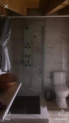 a bathroom with a shower with a toilet and a sink at 1 bedroom loft at Mytilene Port in Mytilene