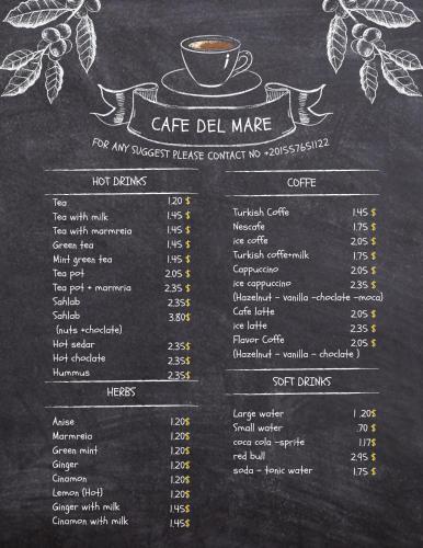 a chalkboard menu for a cafe delicate with a cup of coffee at New Bella Sina Camp in Nuweiba