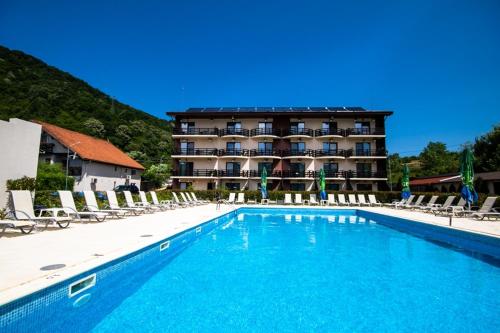 uma grande piscina em frente a um hotel em Pensiunea Danubia em Eşelniţa