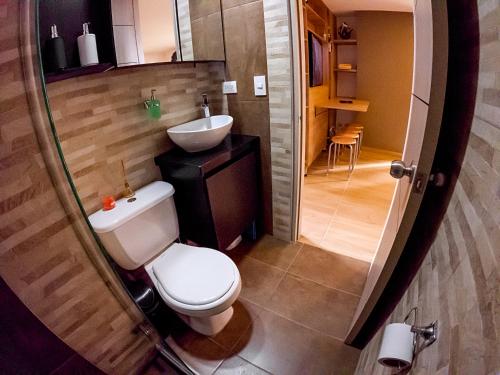 a small bathroom with a toilet and a sink at Cómodo apartamento tipo Loft en centro de Bogotá 5 in Bogotá