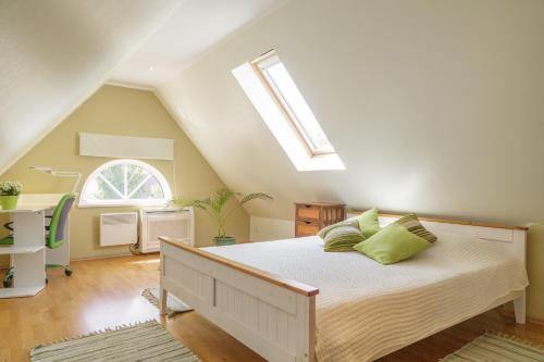 een slaapkamer met een bed en een dakraam bij Aisa Family Apartment with Sauna in Pärnu