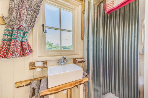 baño con lavabo y ventana en Littlestock Shepherds Hut en Shipton under Wychwood