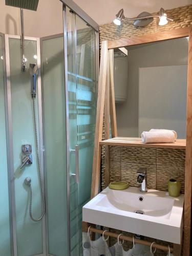 une salle de bain avec un lavabo et une douche dans l'établissement LE CLAPOTIS, Studio avec terrasse quartier port , wifi, à La Grande Motte