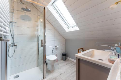 a bathroom with a shower and a sink and a toilet at Agroturystyka Ziemia Obiecana in Nielestno