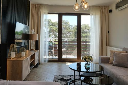 弗瓦迪斯瓦沃沃的住宿－Apartamenty Jasny Brzeg，带沙发和玻璃桌的客厅