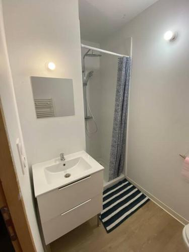 une salle de bain blanche avec une douche et un lavabo dans l'établissement L'écureuil, à Martigues