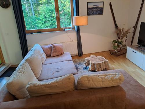 sala de estar con sofá y mesa en Apartment Alpina, en Hočko Pohorje