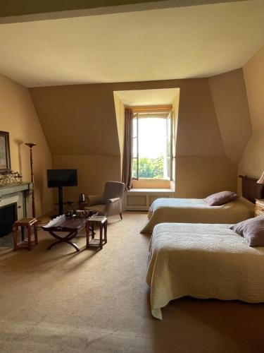 una camera da letto con due letti e una finestra di Château de Praslins a Nogent-sur-Vernisson
