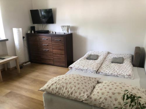 um quarto com 2 camas e uma televisão numa cómoda em Apartament Aga1 em Oświecim