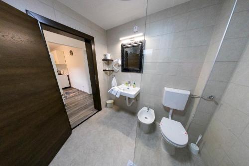 a bathroom with a toilet and a sink at Apartman Enjoy in Bihać