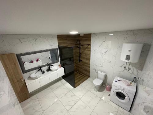 a bathroom with a shower and a toilet and a sink at Mimi&Nina in Prović