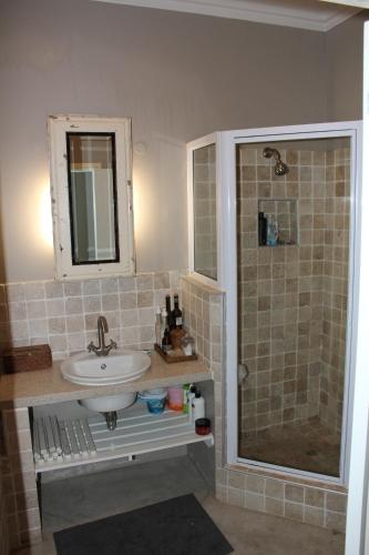 uma casa de banho com um lavatório e um chuveiro em Muller's Self Catering - a cozy home from home! em Swakopmund
