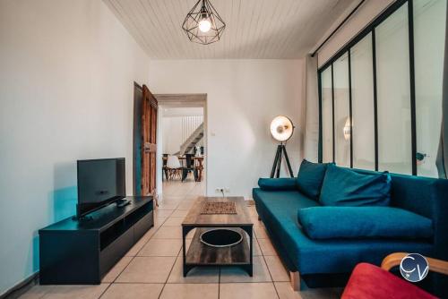 salon z niebieską kanapą i telewizorem w obiekcie Maison de village cosy avec terrasse privée w mieście Saint-Marcel-de-Carreiret
