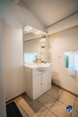 une salle de bain avec un lavabo et un miroir dans l'établissement Maison de village cosy avec terrasse privée, à Saint-Marcel-de-Carreiret