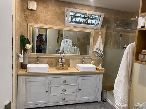 un bagno con due lavandini e una doccia di Villa des palmiers a Saint-Saturnin-lès-Avignon