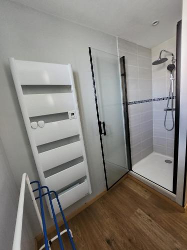 La salle de bains est pourvue d'une douche et d'une douche vitrée. dans l'établissement Appartement T2 entièrement rénové dans résidence calme, à Font-Romeu-Odeillo-Via