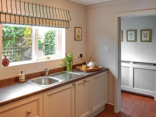 a kitchen with a sink and a window at Enlli in Llanuwchllyn