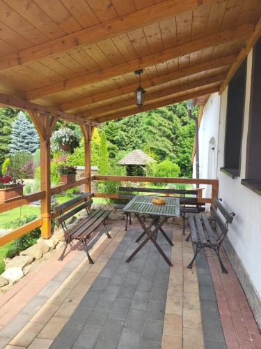a picnic table and benches on a patio at Agroturystyka Nad strumykiem in Leśna