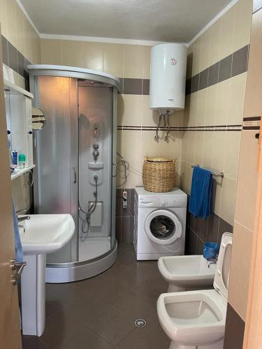 a bathroom with a shower sink and a washing machine at Lake View Apartment in Pogradec