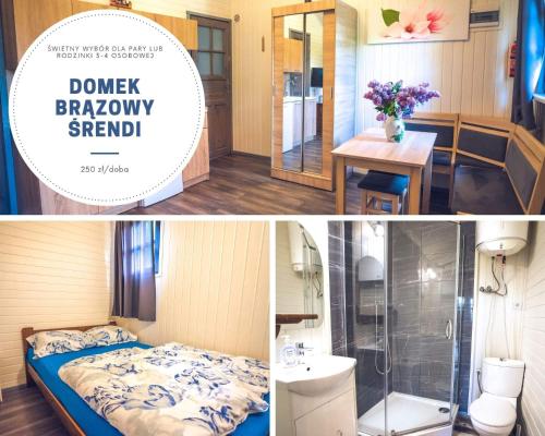 um quarto com uma cama e um chuveiro e uma casa de banho em Domek Skowronek em Szczytna