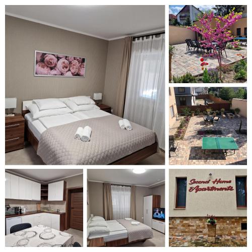 a collage of photos with a bed and a room at Second Home Apartments Miskolctapolca in Miskolctapolca