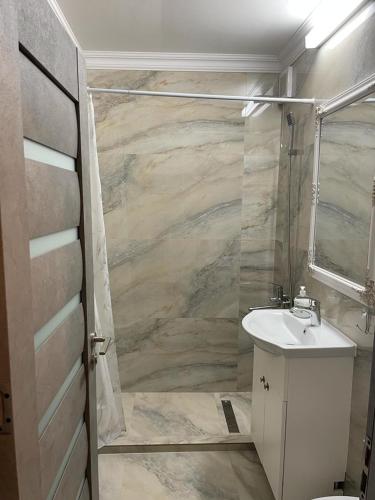 uma casa de banho com um chuveiro, um lavatório e um WC. em Apartament regim hotelier em Galaţi