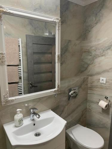 uma casa de banho com um lavatório, um WC e um espelho. em Apartament regim hotelier em Galaţi