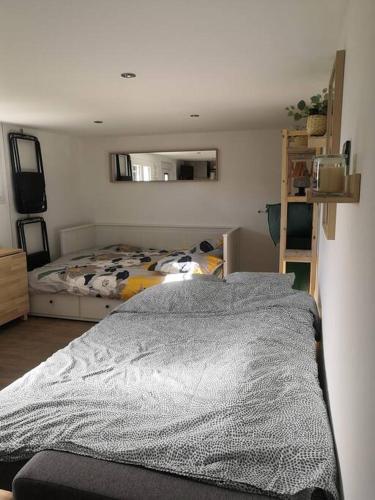 une chambre avec un lit et un miroir au mur dans l'établissement Le studio lamottois, à Lamotte-Beuvron