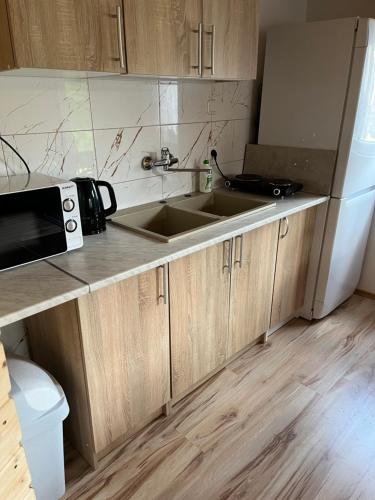 a kitchen with a sink and a microwave at Domek na Żurawiej in Gdańsk