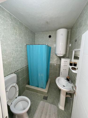 a bathroom with a toilet and a sink and a blue shower curtain at Lulu Garden in Ulcinj