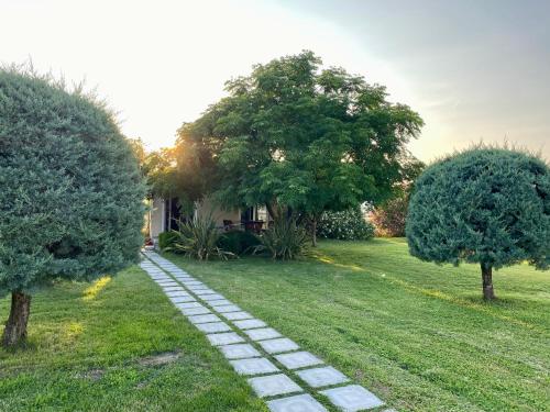 a garden with two trees and a stone path at Christopher's apartments in Ulcinj
