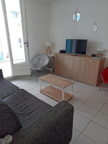 un salon avec un canapé et une télévision dans l'établissement APPARTEMENT BORD DE MER, à Saint-Hilaire-de-Riez