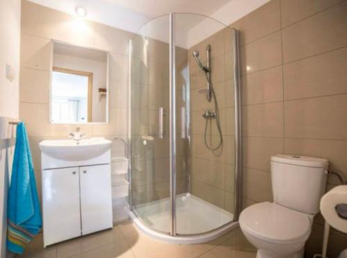 uma casa de banho com um chuveiro, um WC e um lavatório. em Villa Victoria em Rowy