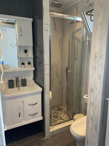 a bathroom with a shower and a sink and a toilet at Manolis&Xenia in Kefalos