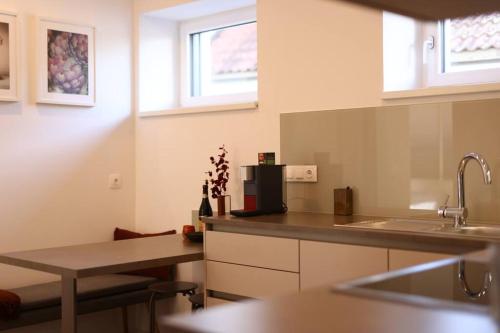 a kitchen with a sink and a counter top at WOHNEN BAHNSTRASSE 5 in Klagenfurt