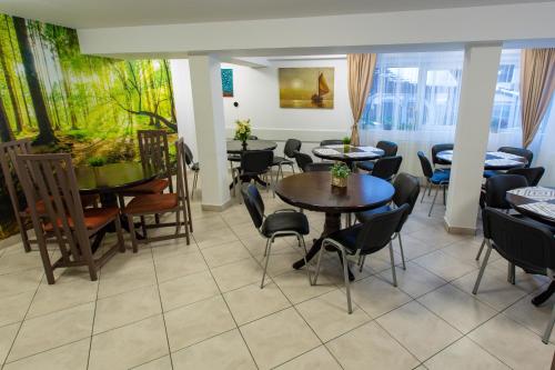 a dining room with tables and chairs and windows at Casa Liana in Buşteni