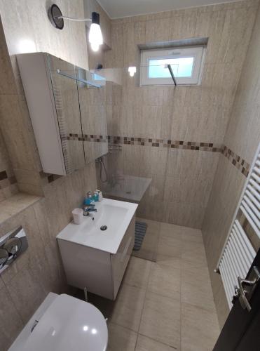 a bathroom with a sink and a toilet and a window at Zoldrebi apartment in Turda