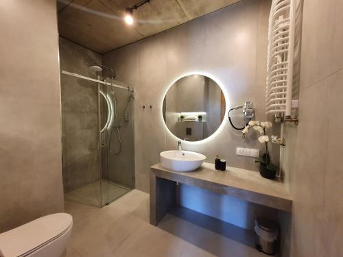 Koupelna v ubytování 15 piętro SOKOLSKA 30 TOWERS apartments - NEW - LUX - PARKING - SAUNA - GYM- and THE BEST VIEW in KATOWICE