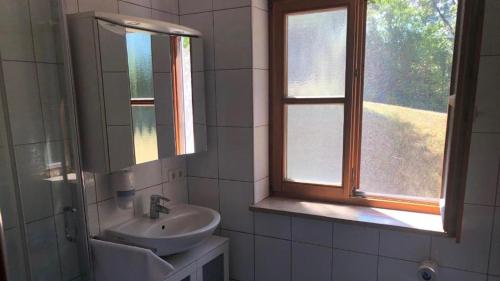 La salle de bains est pourvue d'un lavabo et d'une fenêtre. dans l'établissement Ferienwohnung Jung, à Hohenburg