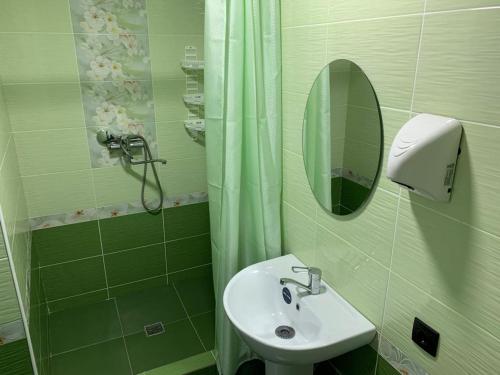 a green bathroom with a sink and a mirror at Hostel_petropavlovsk in Petropavlovsk