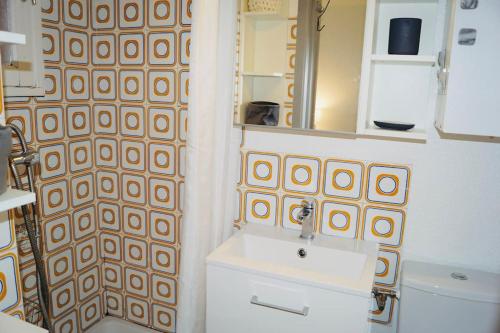 une salle de bain avec un lavabo, des toilettes et un miroir dans l'établissement Maison gde terr. front de mer - 4 couchages, à Leucate