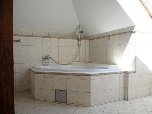 a bath tub with a shower in a bathroom at Výnimočný apartmán v staromestskej vile s výhľadom na hrad in Bratislava