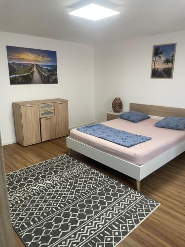 ein Schlafzimmer mit einem Bett und einem Teppich in der Unterkunft Apartament cozy in Villerupt