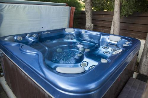a blue bath tub sitting in a yard at El Marco Villa in Pissouri