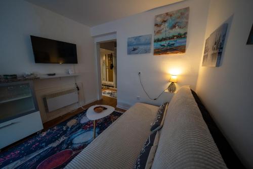 a living room with a couch and a tv at Apartman Daris in Sarajevo