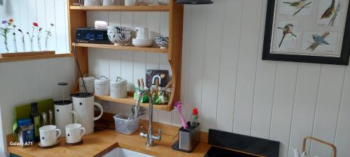 a kitchen counter with a sink and a shelf with cups at The Holcombe Hut, Ridgefield House in Longdown