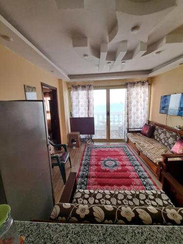 a living room with a couch and a rug at Panorama Apartment with a charming sea view near Alexandria and Burg ElArab Airport with Free Wifi شقة باطلالة ساحرة على البحر اول الساحل الشمالي واي فاي مجاني迷人海景公寓 免费无线网络 in Alexandria